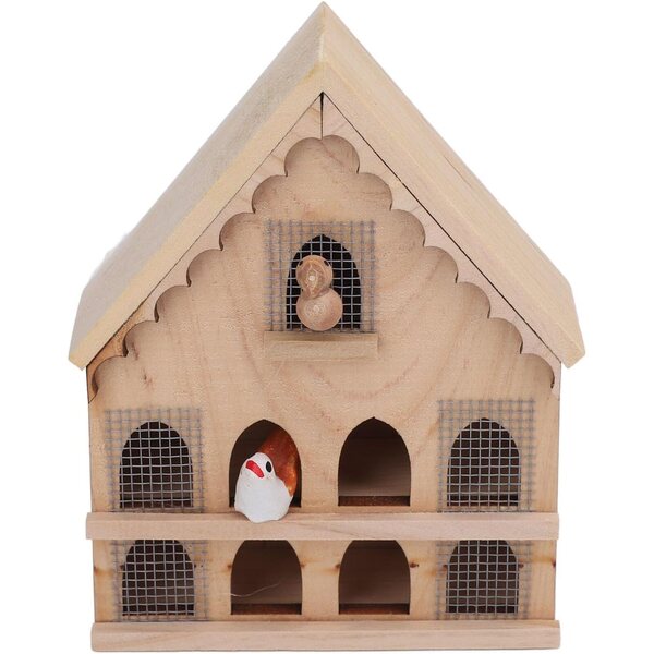 1:12 Holzvogelhaus für Puppenhaus mit 2 Vögeln und Aufkleber