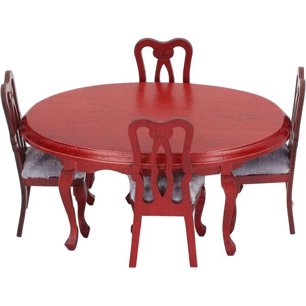 Set Sedie Tavolo in Legno Rosso 1:12 per Casa delle Bambole, Miniatura Artigianale