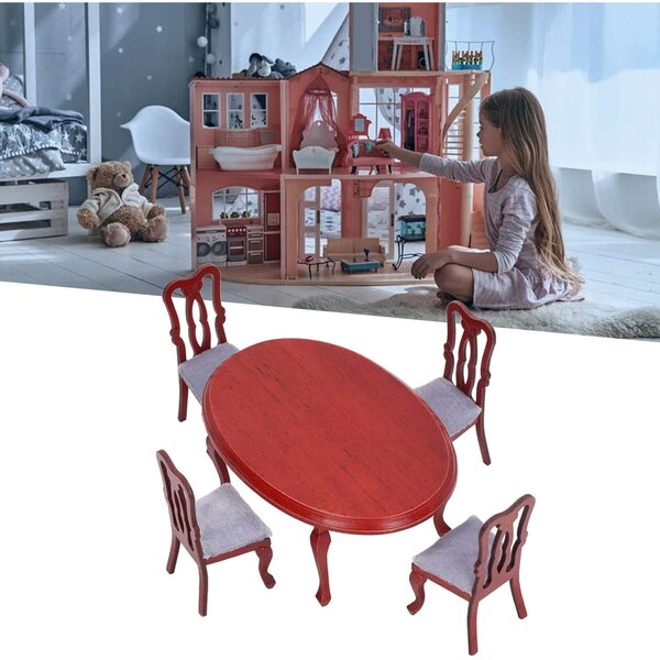 Set Sedie Tavolo in Legno Rosso 1:12 per Casa delle Bambole, Miniatura Artigianale