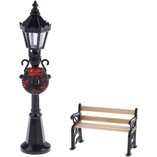 Set 2 pezzi Mini Lampione e Panca Natalizi per Case delle Bambole 1:12