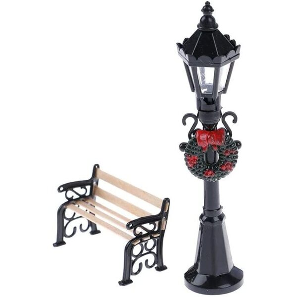 Set 2 pezzi Mini Lampione e Panca Natalizi per Case delle Bambole 1:12