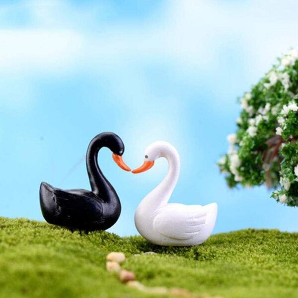 Miniature 2pezzi cigni bianco e nero in resina per giardino fatato e terrarium