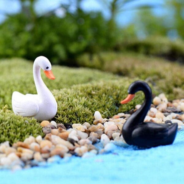 Miniature 2pezzi cigni bianco e nero in resina per giardino fatato e terrarium