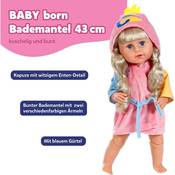 BABY born Bademantel con cappuccio a papera e maniche colorate per bambole 43 cm
