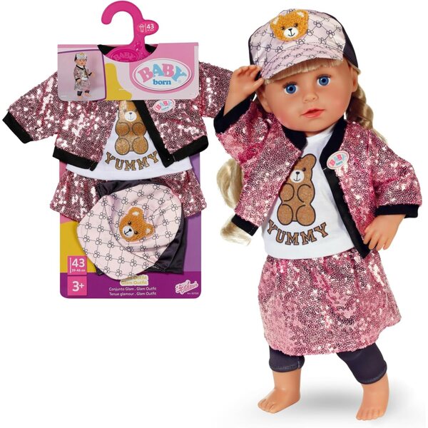 BABY born Glam Outfit rosa con paillettes, cappellino e leggings per bambole 43 cm