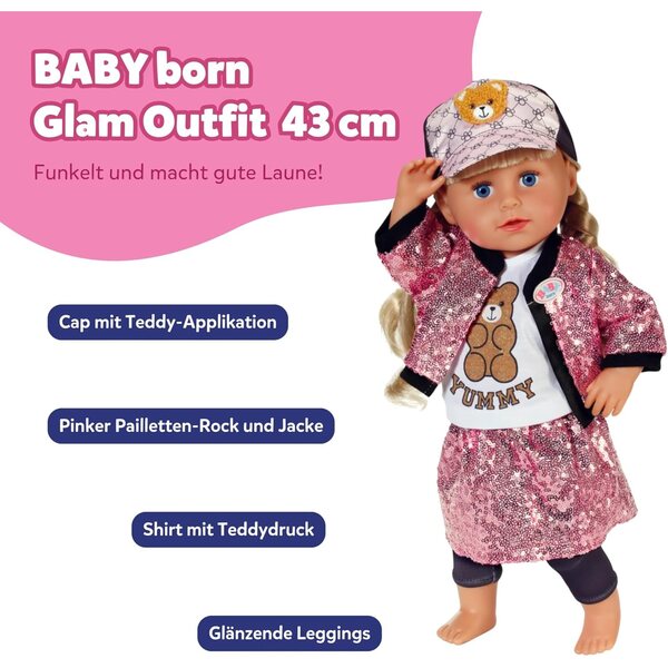 BABY born Glam Outfit rosa con paillettes, cappellino e leggings per bambole 43 cm