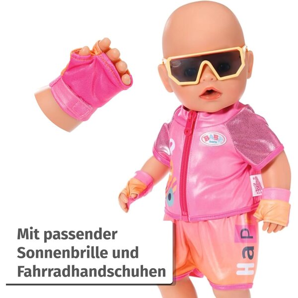 BABY born Outfit da bici con occhiali e guanti per bambole 43 cm, completo sportivo rosa e arancione
