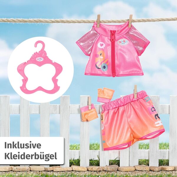 BABY born Outfit da bici con occhiali e guanti per bambole 43 cm, completo sportivo rosa e arancione