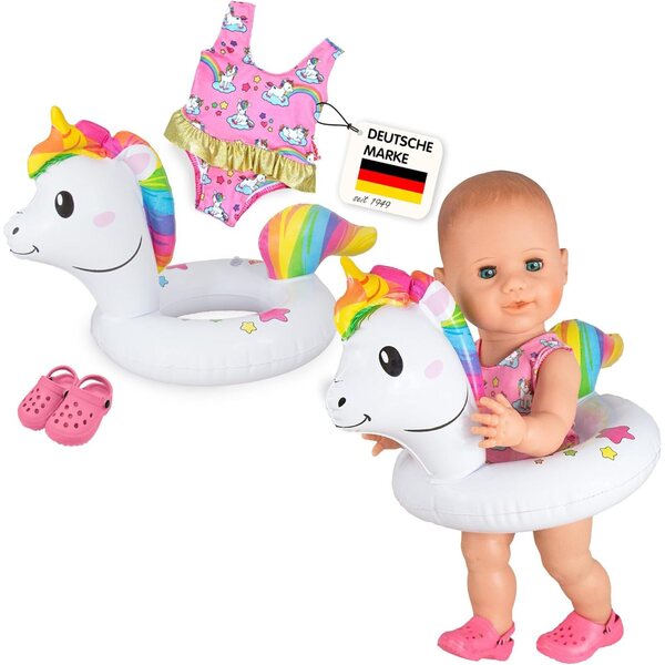 Heless 66 Set Nuoto per Bambole con Costume, Ciabatte e Ciambella Unicorno 35-45 cm