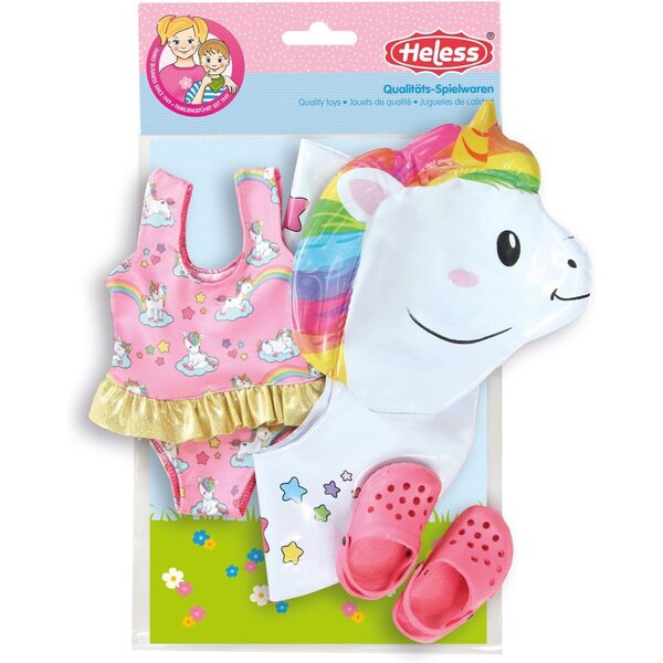 Heless 66 Set Nuoto per Bambole con Costume, Ciabatte e Ciambella Unicorno 35-45 cm
