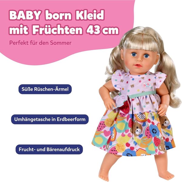 BABY born Kleid mit buntem Obstdruck und Umhängetasche für 43 cm Puppen
