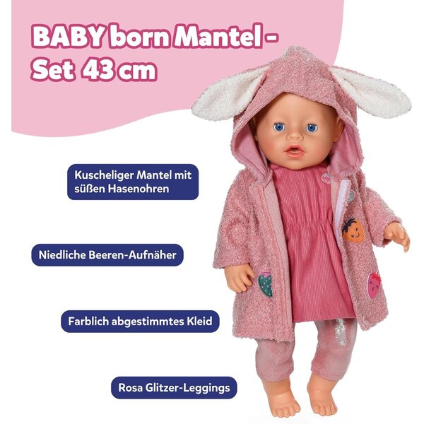 BABY born Mantel-Set con orecchie da coniglio per bambole 43 cm - vestiti morbidi e colorati