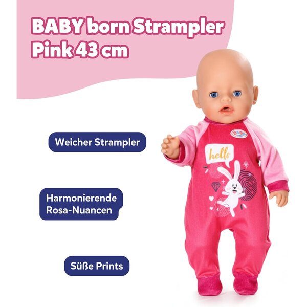 BABY born Strampler rosa con design coniglietto per bambole 43 cm con gruccia inclusa
