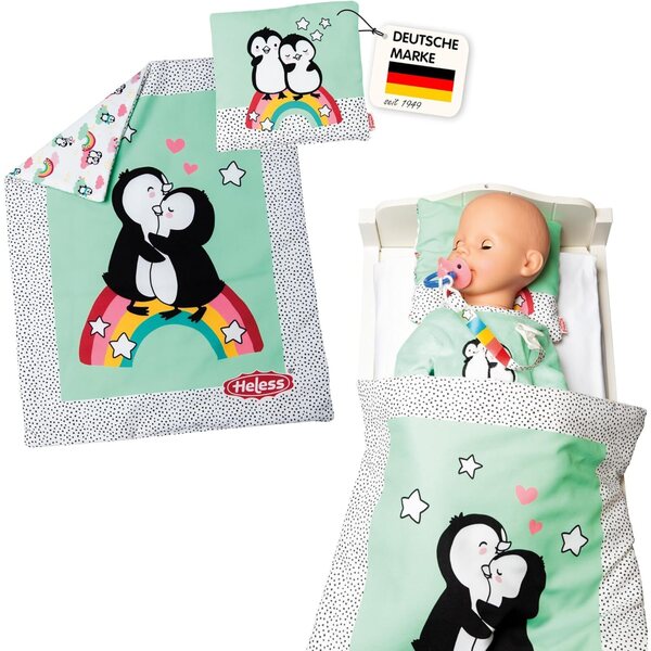 Heless Piumino e Cuscino per Bambole Pinguino Design Morbido e Reversibile