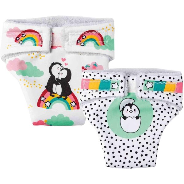 Heless set di 2 pannolini lavabili design pinguino per bambole 28-35 cm con chiusura in velcro