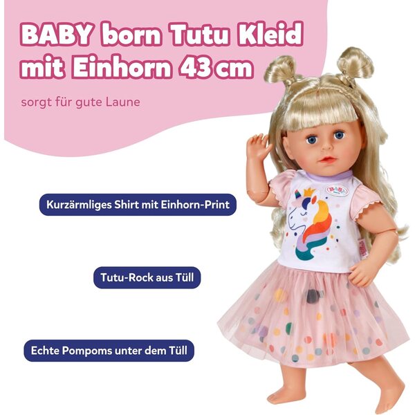 BABY born Tutu Set con stampa unicorno per bambole 43 cm - maglietta e gonna tutu in tulle