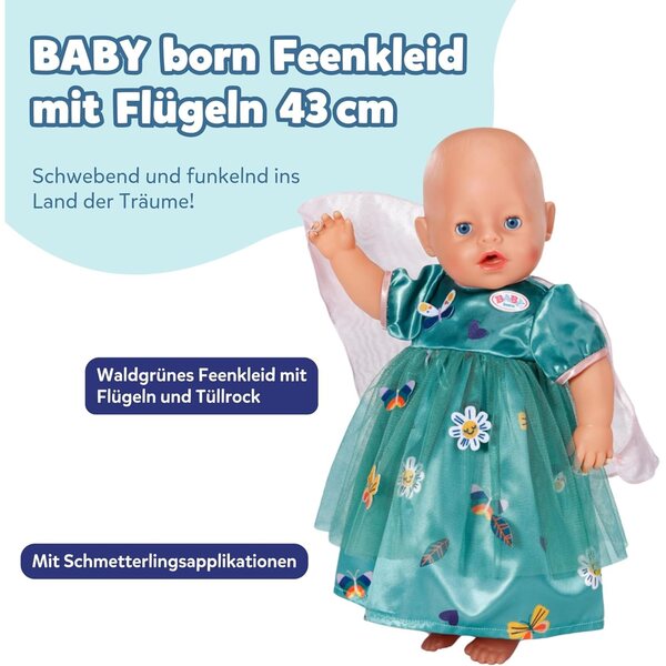 BABY Born abito fatato verde con ali e decorazioni farfalla per bambole 43 cm