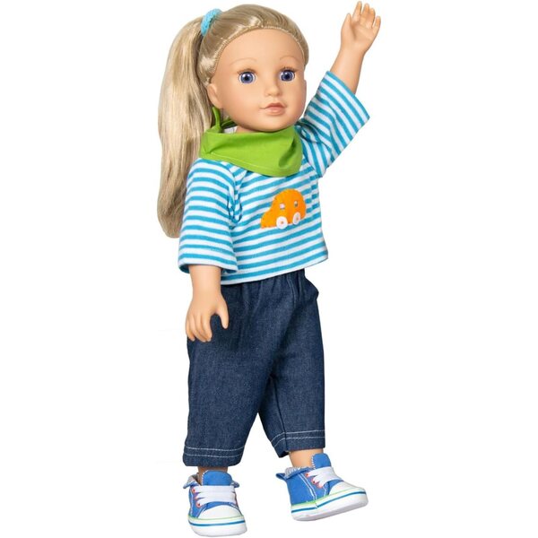 Heless Bekleidungsset für Puppen 35–45 cm, Jeans, gestreiftes T-Shirt und grüner Schal