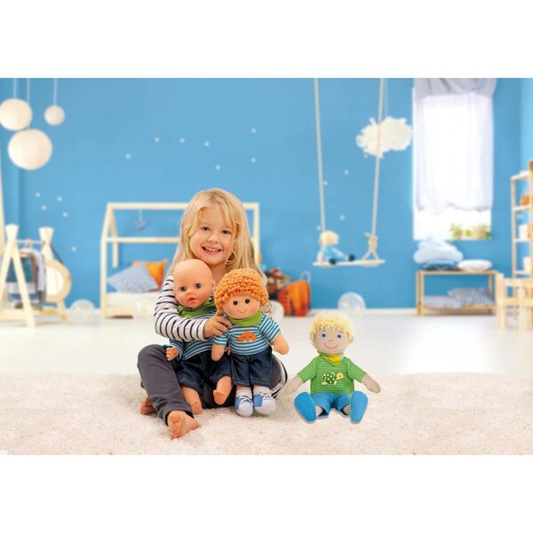 Heless Bekleidungsset für Puppen 35–45 cm, Jeans, gestreiftes T-Shirt und grüner Schal