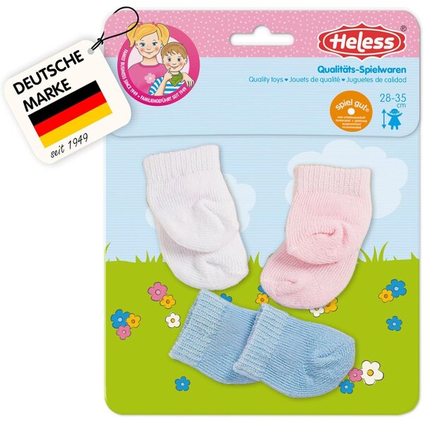 Heless 773 - Set 3 Paia calzini per Bambole Bianco, Rosa e Celeste, Taglia 28-35 cm