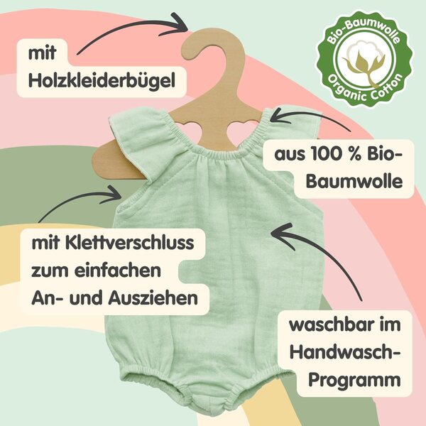 Heless Body in Musselin Mint per Bambole 28-35cm in 100% Bio-Baumwolle con ruffle