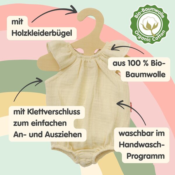 Body per vestiti per bambole in cotone biologico al 100% con volant in ecrù per bambola 28-35 cm