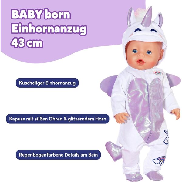 BABY born Einhornanzug per bambole 43 cm con glitter, cappuccio e ricami