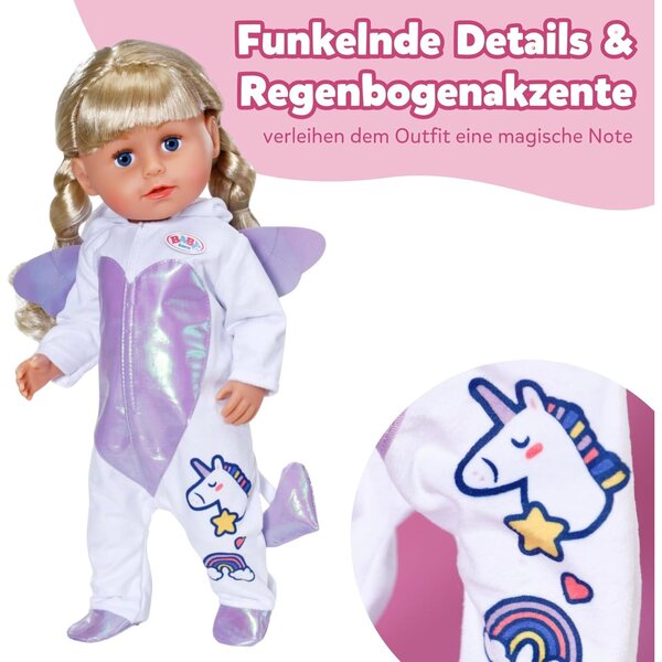 BABY born Einhornanzug per bambole 43 cm con glitter, cappuccio e ricami