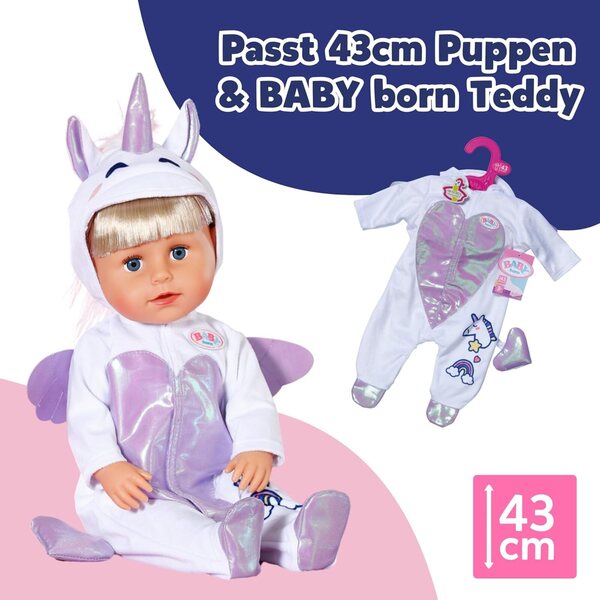 BABY born Einhornanzug per bambole 43 cm con glitter, cappuccio e ricami