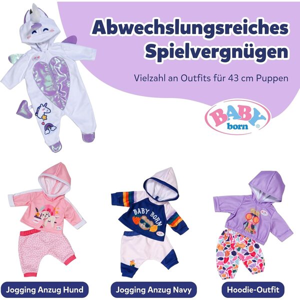 BABY born Einhornanzug per bambole 43 cm con glitter, cappuccio e ricami