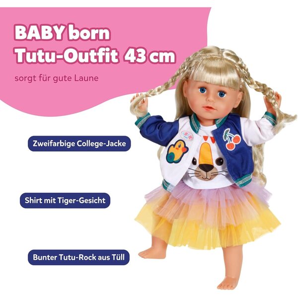 BABY born Tutu-Outfit con Tutu Colorato, T-Shirt e Giacca College per Pupazzi 43 cm