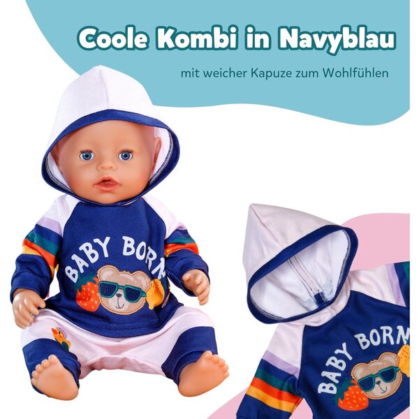 BABY Born Jogginganzug con hoodie blu navy e pantaloni grigi per bambole 43 cm