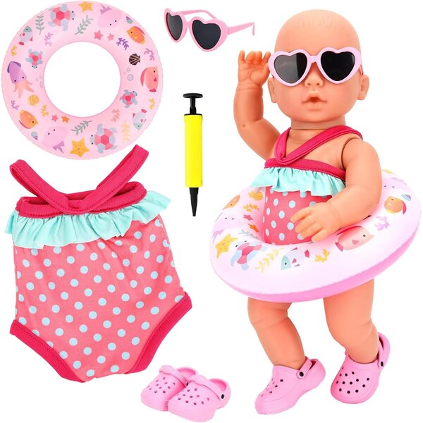 Miunana Set vestiti e accessori per bambole 35-43 cm, costume da bagno e occhiali rosa