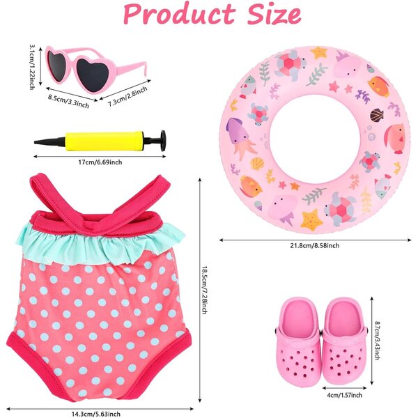 Miunana Set vestiti e accessori per bambole 35-43 cm, costume da bagno e occhiali rosa