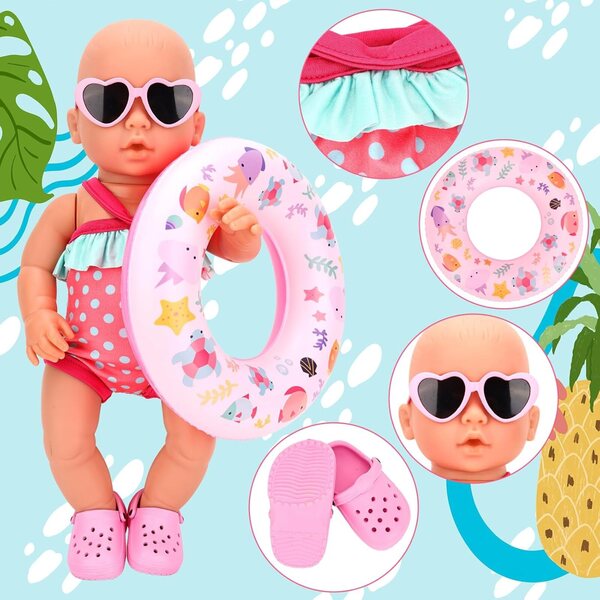 Miunana Set vestiti e accessori per bambole 35-43 cm, costume da bagno e occhiali rosa