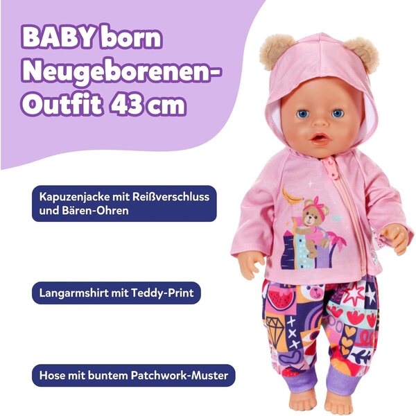 BABY born Neugeborenen-Outfit Bambini 43 cm con Langarmshirt, Hose & Jacke Teddyohren