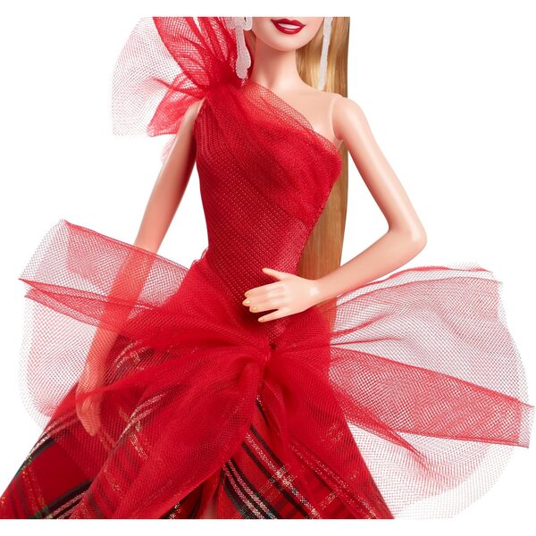 Barbie Signature 2024 Weihnachtspuppe mit elegantem Karokleid und festlichen Accessoires