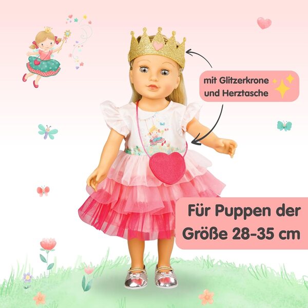 Heless Prinzessin Emily Rosa Kleid für Puppen 28-35 cm mit Krone und Handtasche