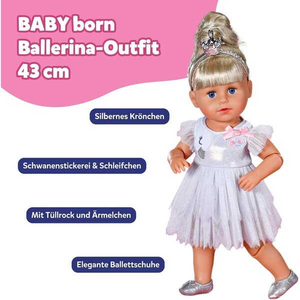 BABY born Ballerina-Outfit con tullerock, Krone & Schuhe per bambole 43 cm