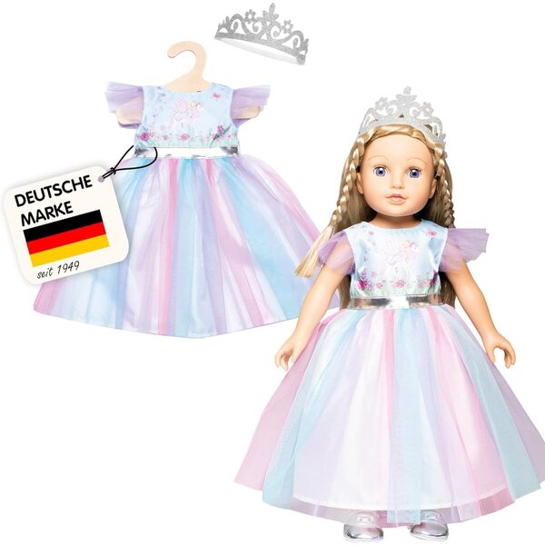 Feen- und Einhornkleid mit silberner Krone für 35–45 cm große Heless-Puppen