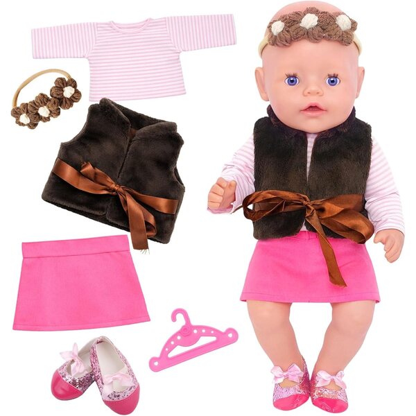 Bekleidungsset für Puppen 35-43 cm, 6-teilig mit Oberteil, Rock und Accessoires