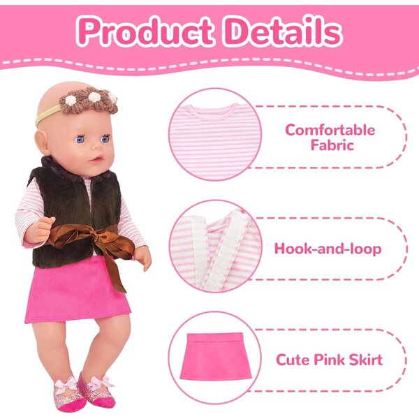 Bekleidungsset für Puppen 35-43 cm, 6-teilig mit Oberteil, Rock und Accessoires