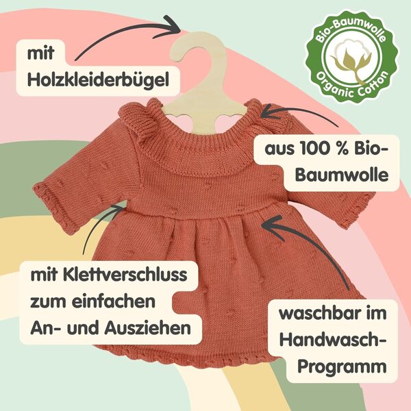 Heless Puppenkleid in Pfirsich aus 100 % Bio-Baumwolle für 35-45 cm große Puppen