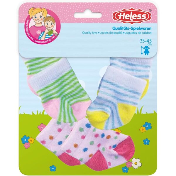 Heless 3 paia di calzini per bambole 35-45 cm con motivi colorati e facili da indossare