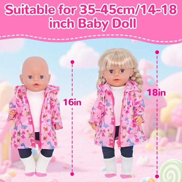 Bekleidungsset für 14-18-Zoll-Puppen mit rosa Regenmantel im Dinosaurier-Design