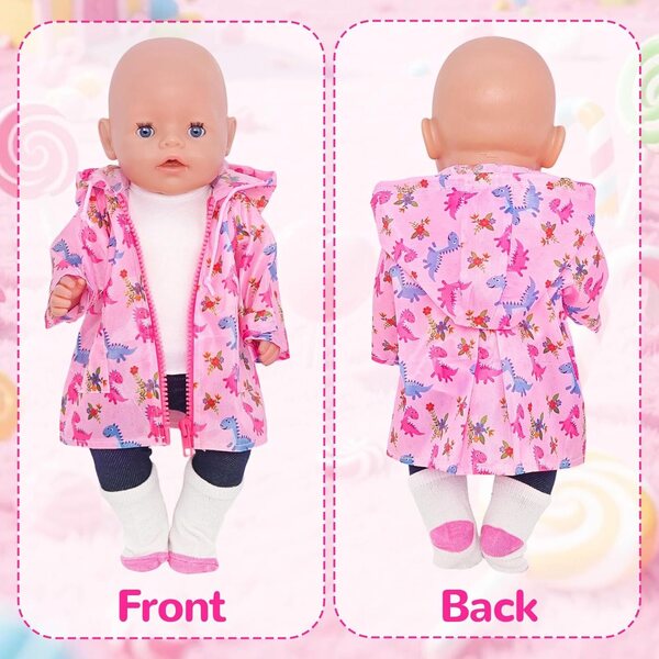 Bekleidungsset für 14-18-Zoll-Puppen mit rosa Regenmantel im Dinosaurier-Design