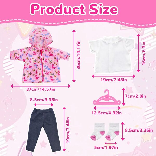 Bekleidungsset für 14-18-Zoll-Puppen mit rosa Regenmantel im Dinosaurier-Design