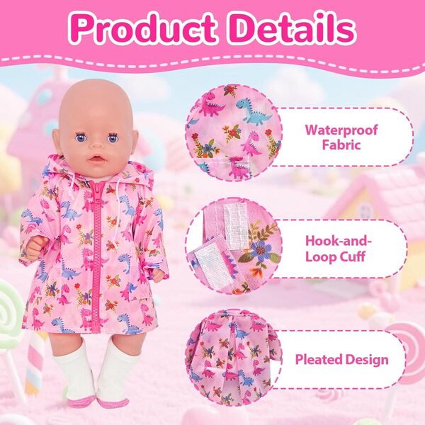Bekleidungsset für 14-18-Zoll-Puppen mit rosa Regenmantel im Dinosaurier-Design