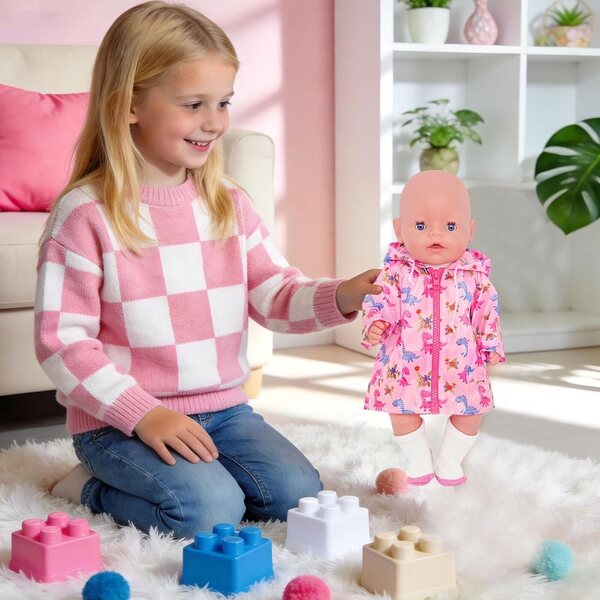 Bekleidungsset für 14-18-Zoll-Puppen mit rosa Regenmantel im Dinosaurier-Design