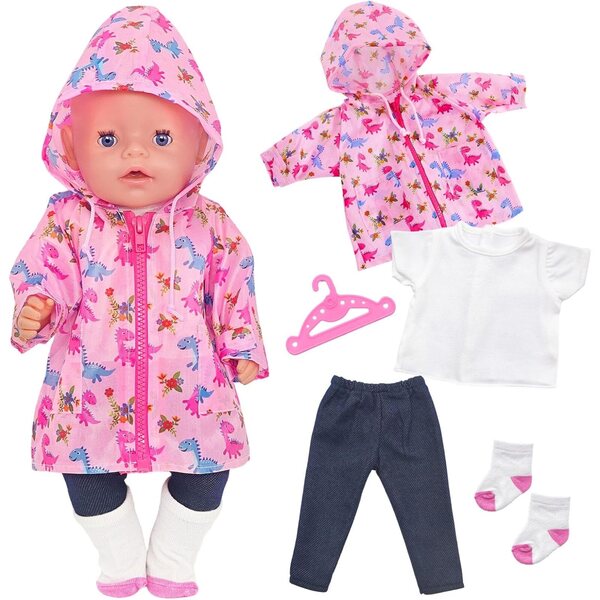Bekleidungsset für 14-18-Zoll-Puppen mit rosa Regenmantel im Dinosaurier-Design